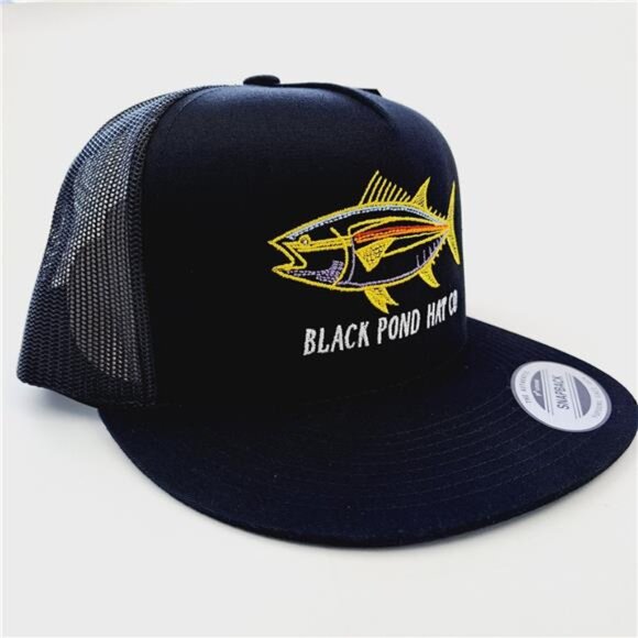 Black Pond Retro Blue Fin Tuna Fish Flat Bill Mesh Snapback Embroidered Cap Hat